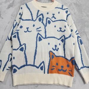 VAMTAC Sweater Womens S Multicolor Cat Harajuku Crew Neck Pullover Chunky Knit